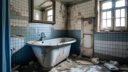 An old, dilapidated bathroom with crumbling walls, tiled floor and walls and a bathtub. The room has a feeling of abandonment and decay, with a gloomy and disturbing atmosphere.