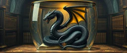 master oil painting by Escher and Giger, ancient library book obsidian fluffy chrome black serpent dragon inside huge transparent vase and with gold, master 3d models, book of the dead, flash rune symbol, hate king