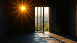 Inside a dark dismal cold prison cell with bars at the window, looking out through an open heavy cell door into freedom, with colourful gardens and distant hills in bright warm sunshine at sunrise. Exquisite composition, beautiful detailed intricate detailed octane render, 8k artistic photography, photorealistic, perfect light, chiaroscuro, award-winning photograph, masterpiece