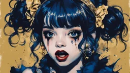 Poster in two gradually, a one side malevolent goth vampire girl face and other side the Singer Melanie Martinez face, painting by Yoji Shinkawa, darkblue and gold tones,