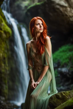 Close UP, delicate, cute, soft, skinny belly red haired Young lady, Green eyes , cave waterfall, medieval