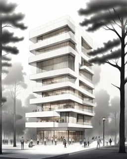 Dibujo arquitectónico de un edificio de cinco pisos, moderno, minimalista, calidad ultra, árboles, gente