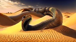 In the desert in the dunes a large sandworm full screen