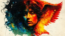 old worn postcard, Portrait Light and darkness in one person, angel and demon in one person, abstract art additional colors small details,