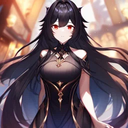 Clear focus, high resolution, black long fluffy hair, red eyes, wearing a Honkai Impact 3rd outfit