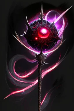 A sorceress evil staff that is a mix colors of red and black crystals and sharp edges, with black aura swirling around it, a black universe color orb ontop of the staff