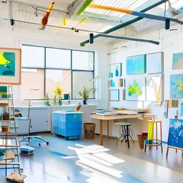 Create an image of an open art studio bathed in natural light, with colorful artwork adorning the walls and workstations. Include recycling bins, energy-efficient lighting, and sustainable art supplies, highlighting the commitment to sustainability and environmental consciousness.