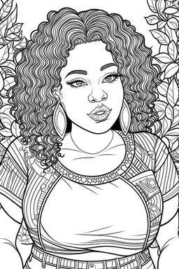 black curvy woman eyes front camera coloring page floral background