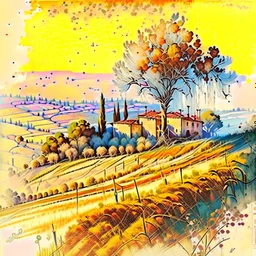 Tuscany landscape, by Jean-Baptiste Monge, watercolor and ink, intricate details, fantasy, beautiful, award winning, colorful, fantastic view, crisp quality, in sunshine