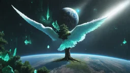 matrix universe, space, planets, god creation, angels from other dimensions with beautiful wings, trees on the planet, behind green crystals of light, few tiberium monolith deposits on the planet near tree,