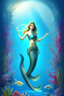 underwater scene, a mermaid with shimmering tail, octopus, fish, beautiful colors, very fine detail, high quality, mystical, romanticism, intricate,