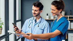 male and female doctor with stethoscope looking at herbal plant and smiling