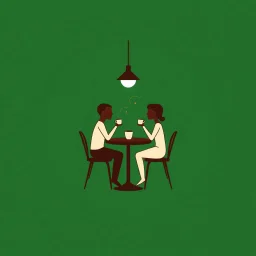 A circular logo for a cafe in a beautiful green color, with two people sitting around a two-person table in the center of the circle, drinking coffee, and the cafe light above the table is on, with each person's head resembling a coffee cup.