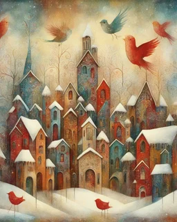 dance of snow-covered, whimsical, multicoloured houses of incredible architecture, bizarre Christmas trees and red, whimsical birds. Style of Inge Shuster, Catherine Hyde, Erica Hopper, Gabriel Pacheco, Jamie Heiden, Antoine Josse , Angelina Wrona, Duy Huyn, Cecilia Frigati, Esao Andrews. Abstract background with texture, grunge paper, mixed media art,acrylic, oil pastel, set of charcoal with different characteristics, pigments. Promt©valestok. Full size image, no text, no copyright. Modifiers:
