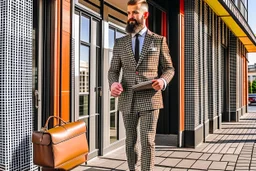 bearded man in elegant suit with checkered skirt on high heels standing next to a restaurant holding a laptop case in sunshine