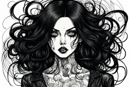 create a disturbing horror full body sketch of a dark haired, savage, gothpunk vampire girl with highly detailed , sharply defined hair and facial features set against a swirling chaotic background, in the style of Junji Ito, precisely drawn, inked, with dramatic edges,