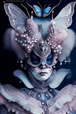 Beautiful witch moth light pink and dark blue silver dust gradient and silver King front wiev textured detailes skin,and textured wings portrait, wearing rococo style with hat headdress wearing ornate rococo costume adorned with black gems, beads, silver dust pearls organic bio spinal ribbed detail of rococo floral, white and silvrer wicked background extremely detailed, athmoshpheric, hyperrealistic maximál