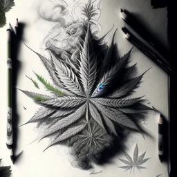 draw a pencil sketch where a balanced arrangement of smoke patterns and crushed weed leaves fills the entire canvas, with symmetrical elements radiating from a central focal point.