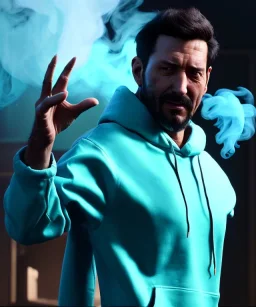 Realistic image, waist up view, a guy making the fuck off gesture with his hand, blue smoke coming out of his nose and mouth, happy. Latex cloth, inflatable hoodie, soft color, highly detailed, unreal engine 5, ray tracing, RTX, lumen lighting, ultra detail, volumetric lighting, 3d, finely drawn, high definition, high resolution.