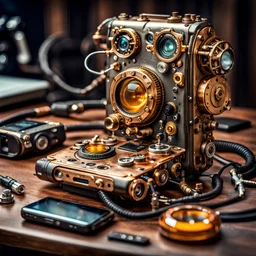 steampunk smart phone on the table,DSLR camera Sony Alpha 7 50mm 1.8,medium shot,high-resolution image with fine details,cybernetic,anatomical, cable electric wires, microchip, anatomical, polished, porcelain, citrine, ultra detailed, ultra realistic, extremely realistic, intricate, photorealistic, epic composition, masterpiece