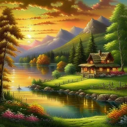 An exquisite oil painting capturing a dreamlike paradise, with a charming little farmhouse nestled by a calm lake. The farmhouse, with its rustic appeal, contrasts against the serene water, surrounded by a lush, verdant forest and rolling hills. The background unfolds into a dramatic landscape, featuring towering mountains and a stunning sunset sky that casts warm, vibrant hues across the scene. The artist's mastery is evident in the seamless blend of traditional oil painting techniques with the