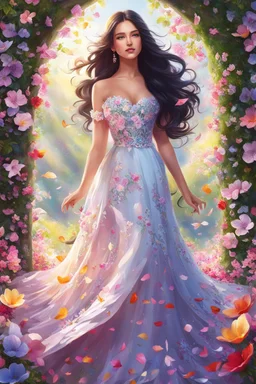 An beautiful girl with long dark hair and a dress of petals, surrounded by the beauty of spring, was a vision so rare. highly detailed, digital art, beautiful detailed digital art, colorful, high quality, 4k