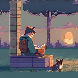 pixel art of student studying law outside at dusk near cat
