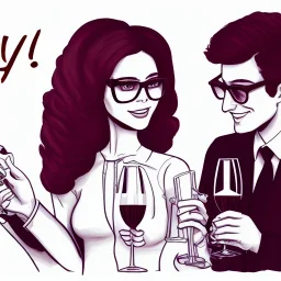 Label of red wine with grapes and vines. A lady in her 40 with long har and eyes glasses, and her male colleague friend with short hair, with muscles and he hasn't got glasses. They are drinking fresh red wine with smiles. simple funny sketch in pencil