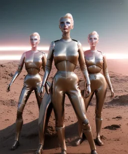 Ultra Realistic retro sci-fi movie scene, 1960 year, waist up view portrait, 3 clones blonde women, sweet young una Thurman face, perfect iris, glow eyes, face makeup. Mars and martians background, Retro sci-fi style, helmet, tight latex coat, fog, rain, soft color, highly detailed, unreal engine 5, ray tracing, RTX, lumen lighting, ultra detail, volumetric lighting, 3d, finely drawn, high definition, high resolution.