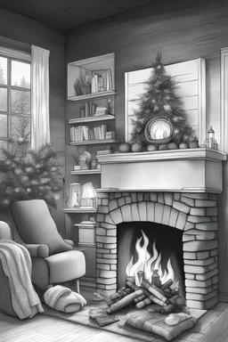 Create a black and white drawing of a cozy fireplace scene with stockings