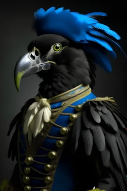 half parrot half human in a black 1700s military uniform with blue feathers with a cape