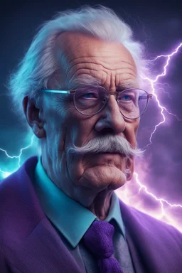 lightning strikes, abstract, high quality, UHD, Luminous Studio graphics engine, violet, cyan, octane render, cloudy haze, fiery members, old man Carl Gustav Jung with glasses and mustache portrait