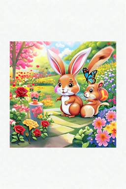 A beautiful butterfly, cute bunny and friendly squirrel looking amazingly at a bright red rose in a colorful garden, child book illustration style, faces must be the same as reference image