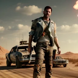 Ultra realistic mad max scene. Strong man, smoke torch , waist up view, Wes Anderson style, happy, highly detailed, concept art, unreal engine 5, god rays, ray tracing, RTX, lumen lighting, ultra detail, volumetric lighting, 3d, finely drawn, high definition, high resolution.