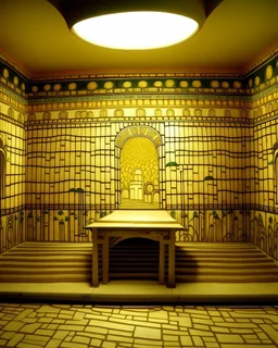 A light yellow sun temple designed in ancient Egyptian hieroglyphics painted by Gustav Klimt