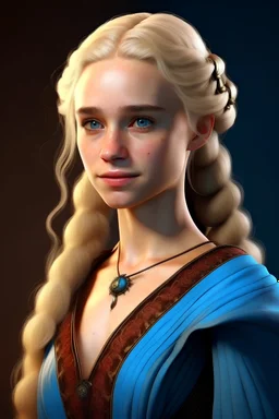 Maegelle Targaryen, her golden locks and sapphire eyes. She boasts a slender frame adorned with delicate features, her porcelain skin and high cheekbones. Wearing a cardigan and summer dress, hair tied back, gen z