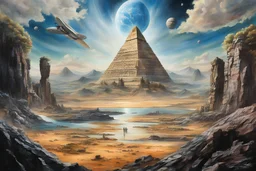 landscape( portrait)-- ( (stargate), Atlantis, , pyramid, James Spader, Jay Davidson, matrix collapses,, (Mandela effect), (people) (humanoids), (multiverse), (parallel world) , (mysticism), (UFO), (other worlds). (painting, graphics, pastel, acrylic paint, watercolor) (high resolution, realistic art style, (ultra realistic), (dramatic, cinematic lighting), hyper realistic, focused, 4k, 8k, HDR, photorealism, professional photography)
