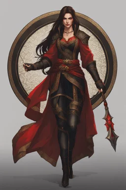 concubine in the Witcher world, long brown hair, red eyes, red and black attire