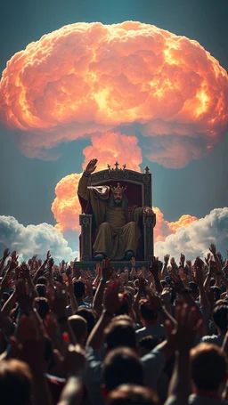 A field of random people rising hands up in a bright lighting , at the end of the picture sitting a huge king with a crown on a big throne saluting the public background with a huge nuke explosion behind the king .