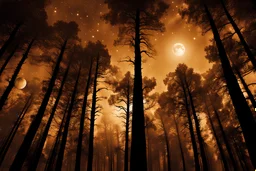 In the art style of Julie Bell: A sepia toned picture of a night sky, solar system above a forest