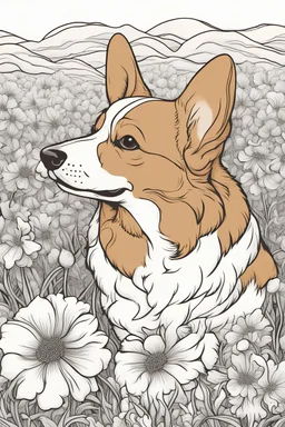 Portrait of a Corgi in a lively field of marigolds, mature coloring artwork, contour, vector, clean line art, white background, detailed, black and white, in the style of kalamkari design