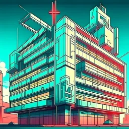 cyberpunk retro futuristic hospital building with cross sign for comics