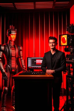 Portrait of a radio host and a Terminator-style robot in a burning radio studio