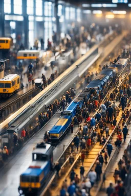 Tilt-shift photo of a crowded station train, peoples waiting train Bussy peoples walking, creative photography, beautiful lighting, ultra-detailed, unreal engine 8k, tiny people, video game masterpiece