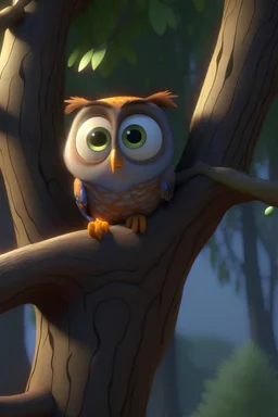 Pixar style owl in a tree