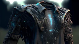 Futuristic shirt made with engine parts dysoptia cyberage HAWKEN postapocalyptic dysoptia scene photorealistic uhd 8k VRAY highly detailed HDR