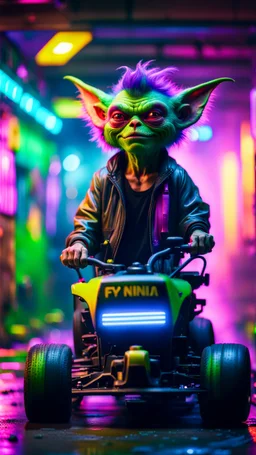 flipped spray paint portrait of Hairy Gremlin pimp ninja yoga cyber punk in flying hipster lawn mower tractor parked in dark neon lit reflective misty wet arcade hall tunnel,bokeh like f/0.8, tilt-shift lens 8k, high detail, smooth render, down-light, unreal engine, prize winning