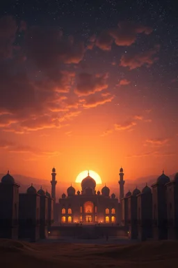 photographic realism. a beautiful desert sunset Arabic scene. atmospheric. huge palace and immense view of the night sky.