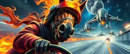 clumsy ninja reggae horse with helmet and with ears on fire, b movie poster, etheral astral weird perspective worried yoga vin diesel legend race car racing with huge g force against spaceships going sideways in ramp driver close up portrait of dj magic kobold gremlin farmer pilot looking down on cam, with background in the style of escher and giger, a chill contrapunctus fugue in the style of fsol, beethoven,