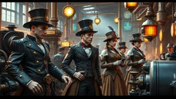 Photographie primée d'un groupe de personnes steampunk, anatomie parfaite, vêtues de vêtements complexes de l'époque victorienne, faisant fonctionner des machines et des inventions steampunk dans un paysage urbain steampunk animé, rétro-futuriste, révolution industrielle, science-fiction, environnement détaillé, éclairage d'ambiance, mécanique merveilles d'ingénierie, engrenages et tuyaux, couleurs vibrantes, photoréaliste, histoire alternative, esthétique art nouveau, détails élevés, 16k.